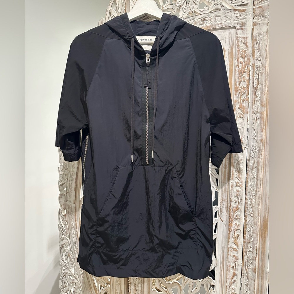 Helmut Lang Black Hooded Short-Sleeve mixed media-nylon & jersey knit shirt